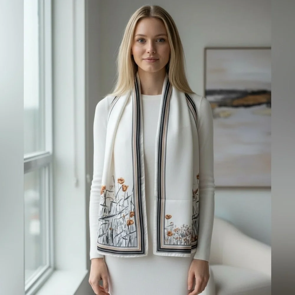 Satin White Floral Scarf with Striped Border